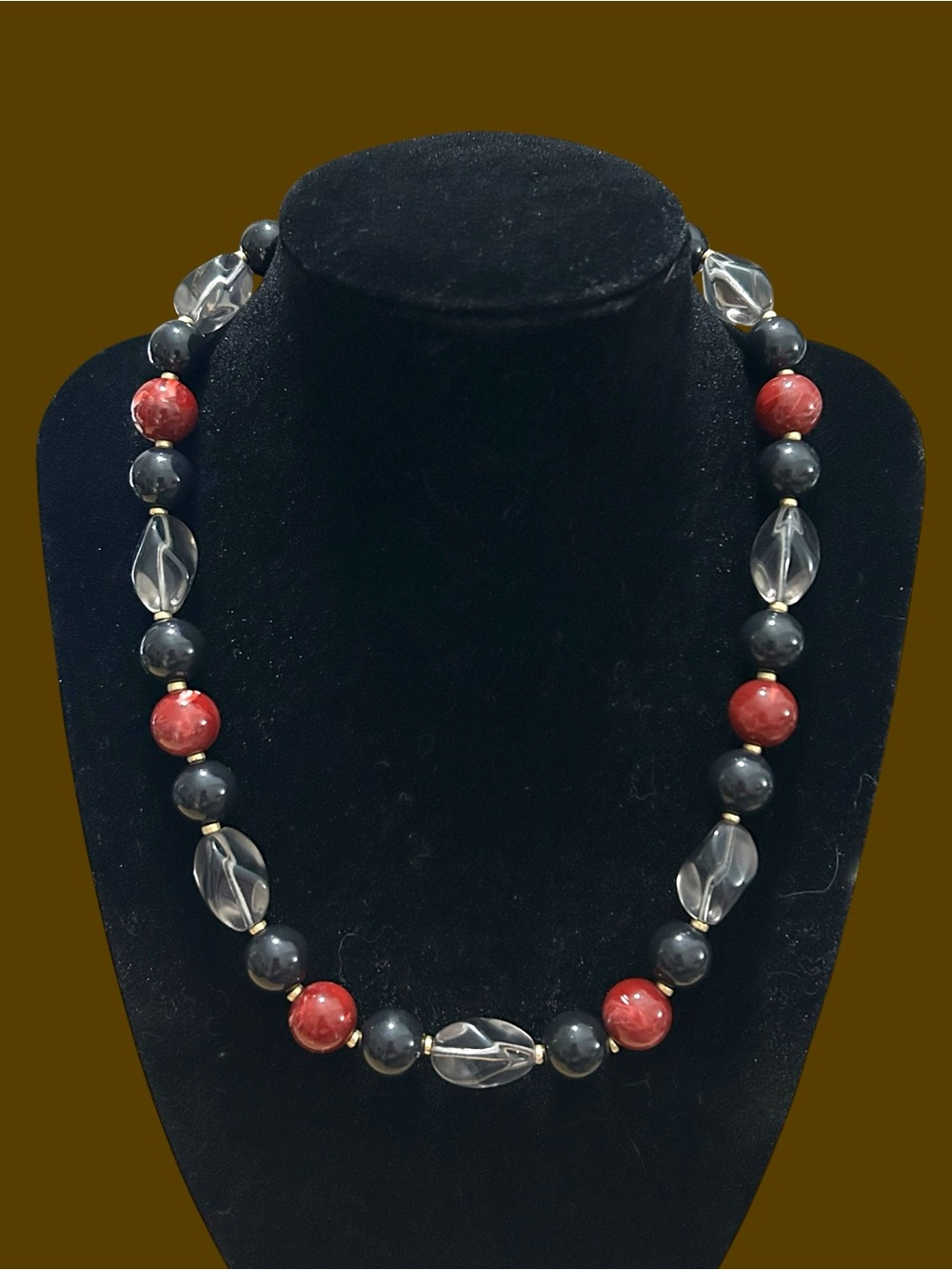Vintage Monet Black, Red, Clear Twisted Beaded Necklace